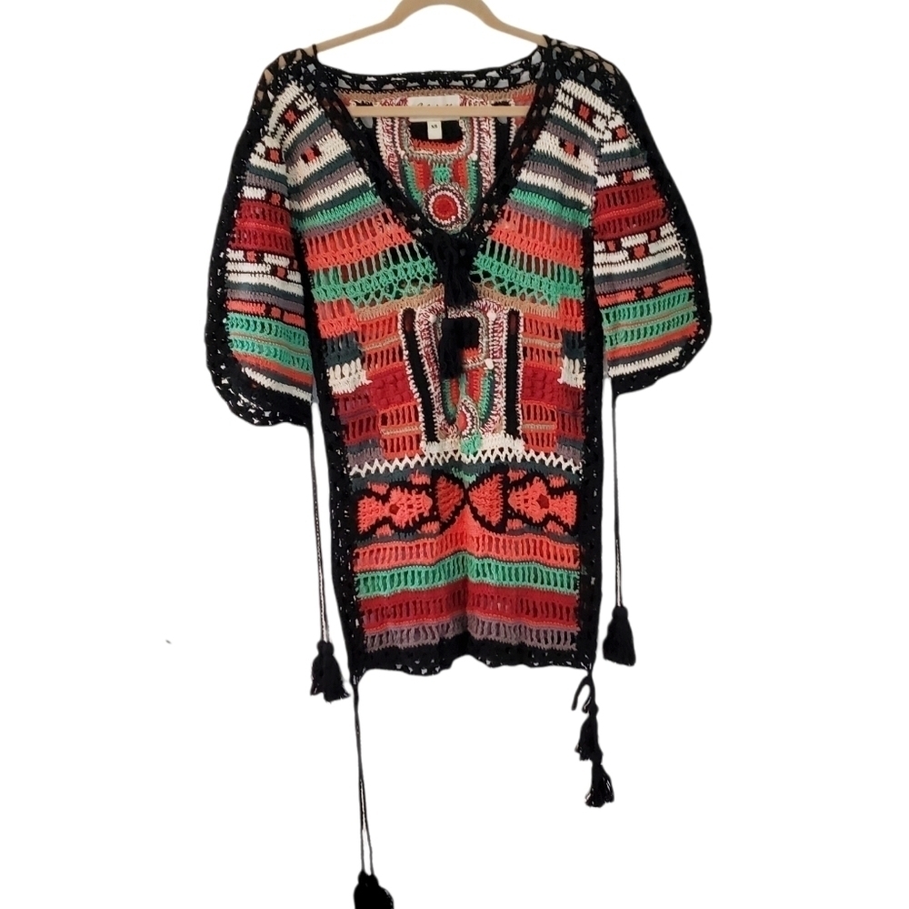 Cleobella Puff Sleeve Crochet Tunic Sweater Dress - Picture 2 of 9